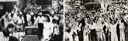 (¿ÞÂÊ)8¿ù 15ÀÏ µµÄì - 1945³â 8¿ù 15ÀÏ ÆóÇã°¡ µÈ ÀϺ» µµÄì ½Ã³»¿¡¼ È÷·ÎÈ÷Åä ÀÏ¿ÕÀÇ ¶óµð¿À ¹æ¼ÛÀ» µè´Â ½Ã¹Îµé. (¿À¸¥ÂÊ)8¿ù 16ÀÏ ¼¿ï - 1945³â ÀÏÁ¦ÀÇ Ç׺¹ ¼Ò½ÄÀ» µè°í °Å¸®·Î ³ª¿Í ȯȣÇÏ´Â ¼¿ï ½Ã¹Îµé. 8¿ù 16ÀÏ ¼´ë¹®Çü¹«¼Ò ¾Õ¿¡¼ ÃÔ¿µÇÑ °ÍÀ¸·Î ¾Ë·ÁÁ® ÀÖ´Ù.